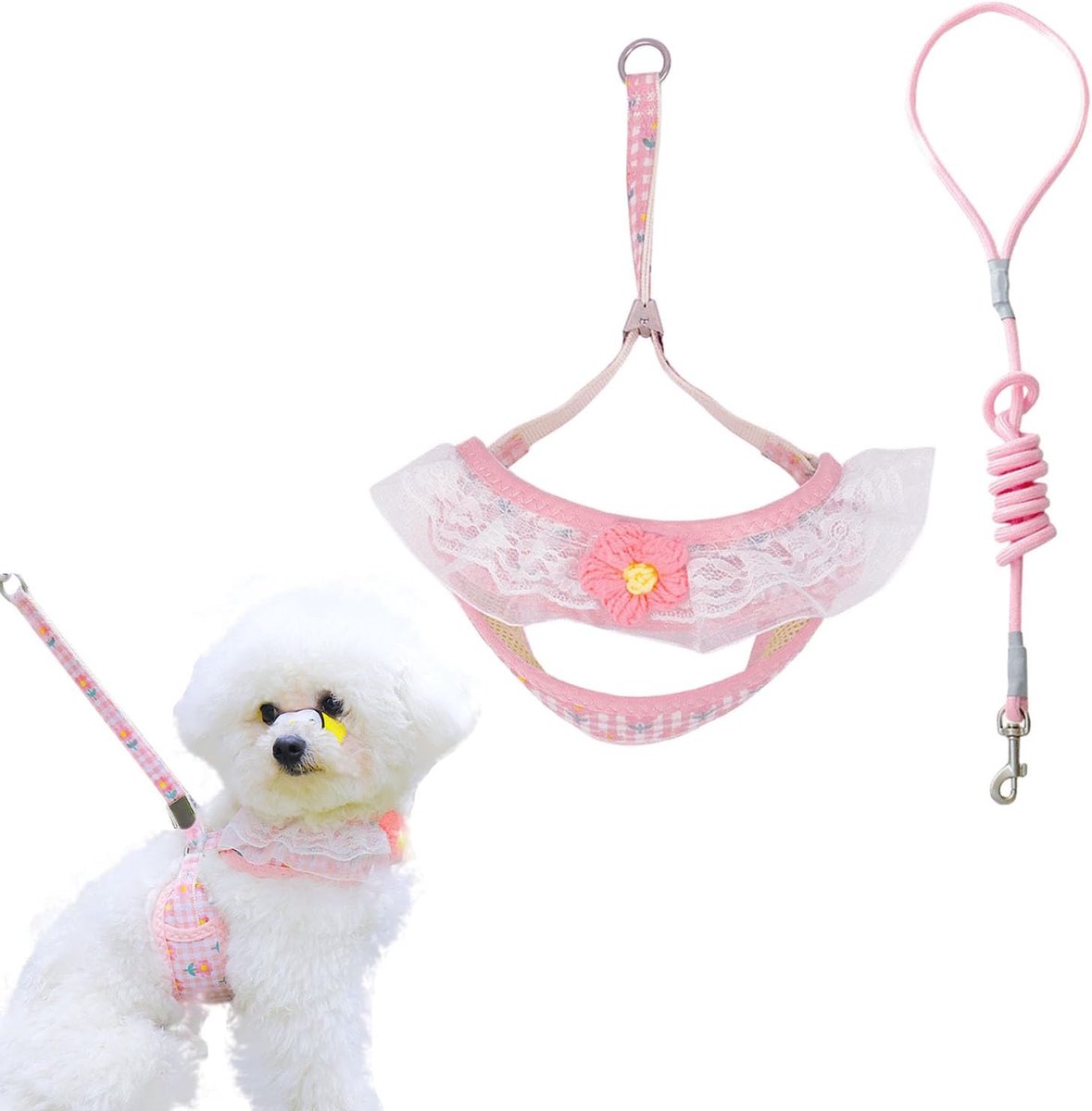 Kattenharnas met riemset, schattig kanten bloemenpatroon, hondenharnas voor kleine honden, ademend, verstelbaar kattenharnas, puppyharnas, ontsnappingsbestendig, voor wandelingen (roze, M)