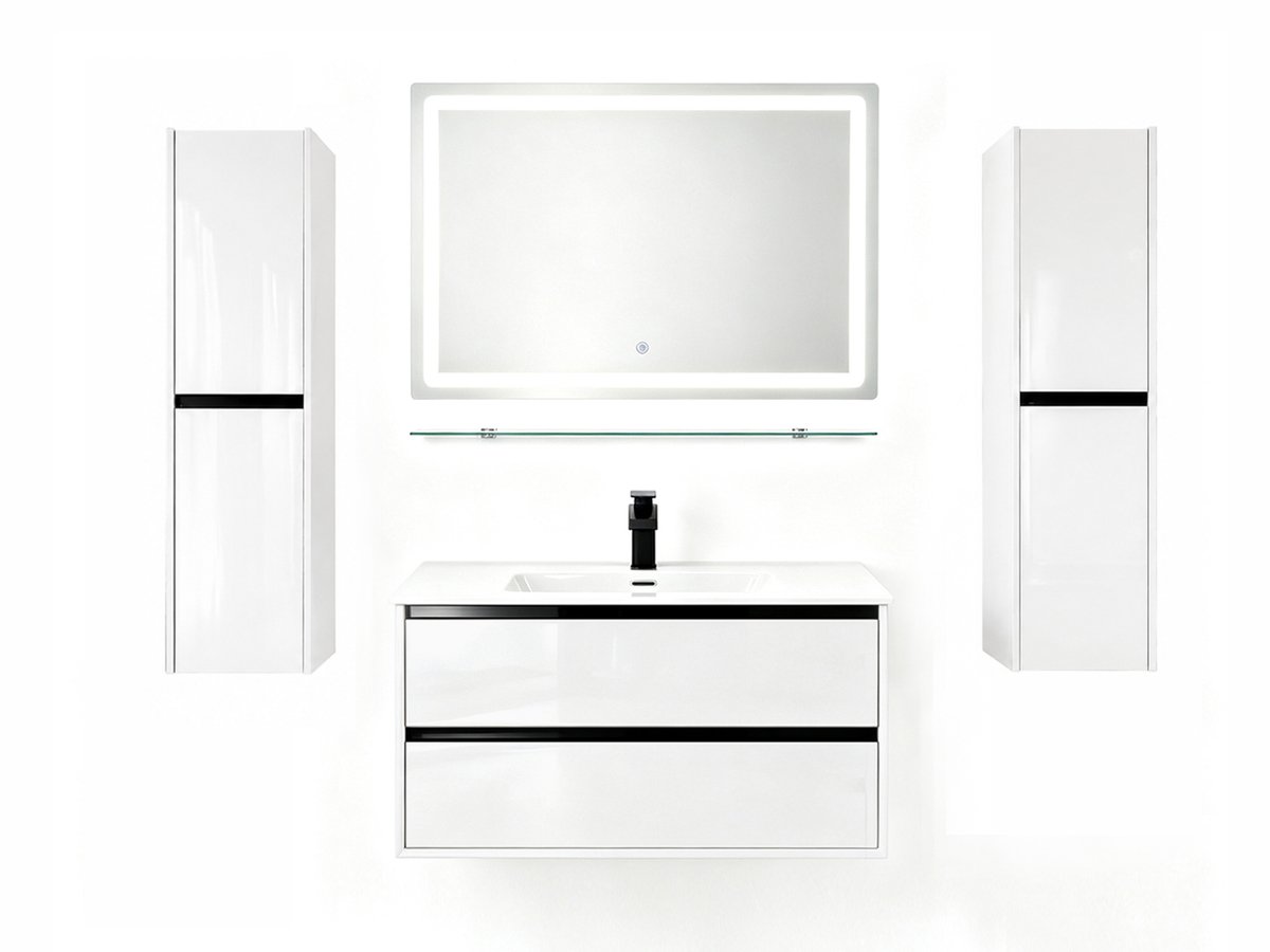 Faizee Home | Lumen Badkamermeubelset 90 cm Hoogglans incl. Wastafel, LED-Spiegel en 2 Zijkasten, verkrijgbaar in Grijs, Zwart of Wit