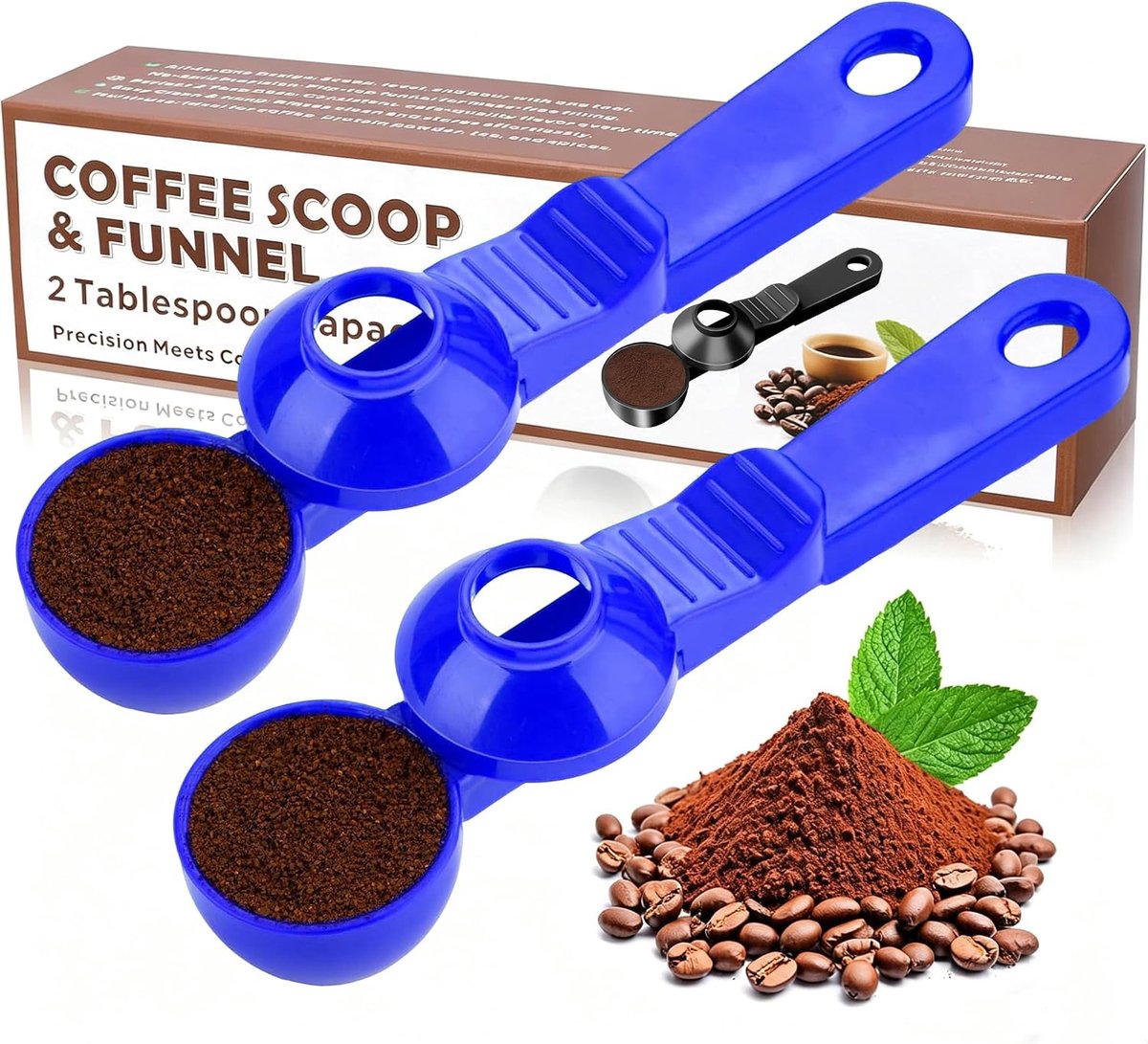 2-in-1 koffieschep met trechter, 2 theelepels maatlepel voor herbruikbare K-kopjes, gemalen koffie, eiwitpoeder en thee, rommelvrij plastic ontwerp (donkerblauw)