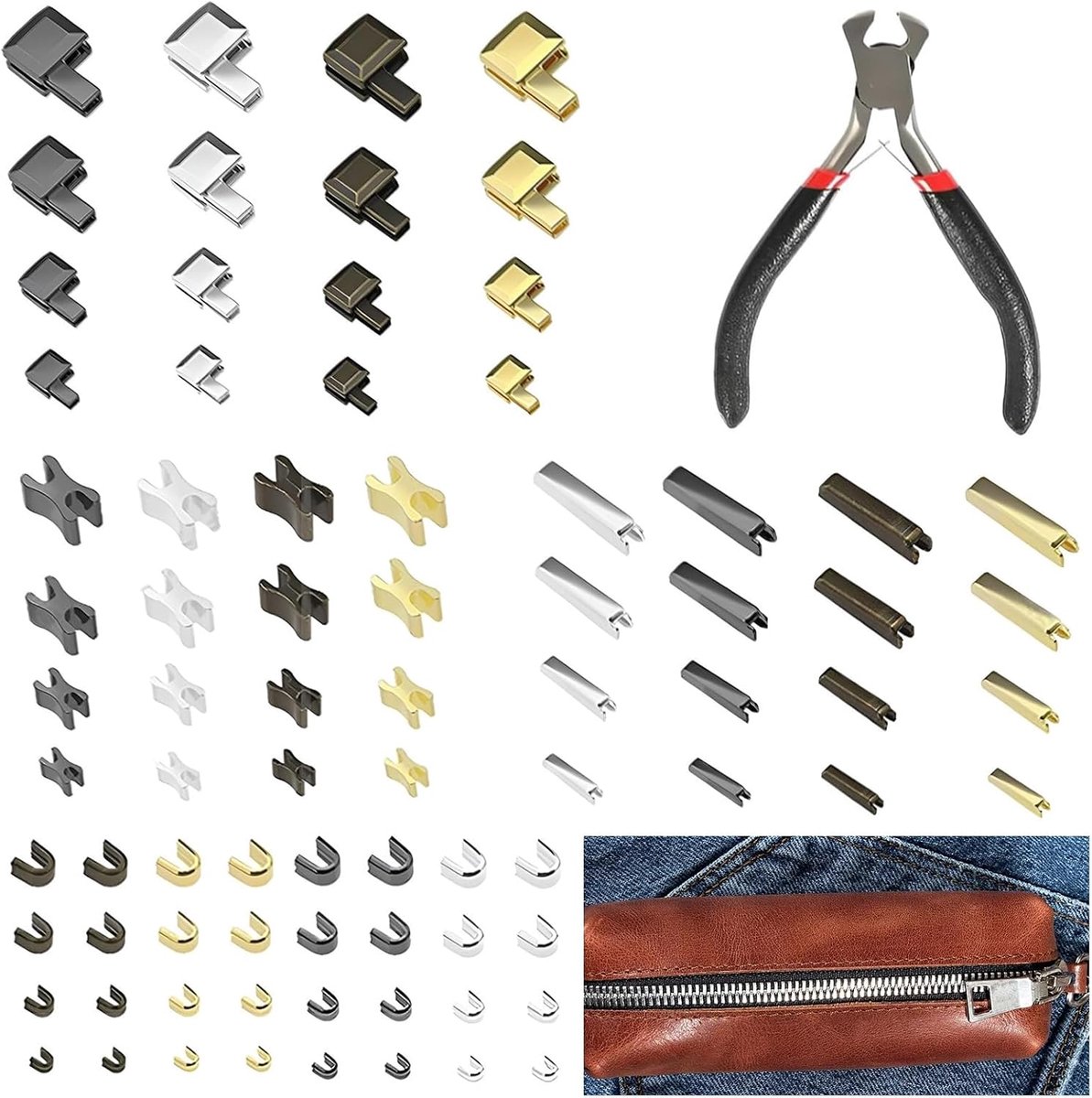 80 stuks ritssluiting reparatieset, reparatieset ritssluiting zipper vervangingsrits voor metalen ritssluitingen met installeertang
