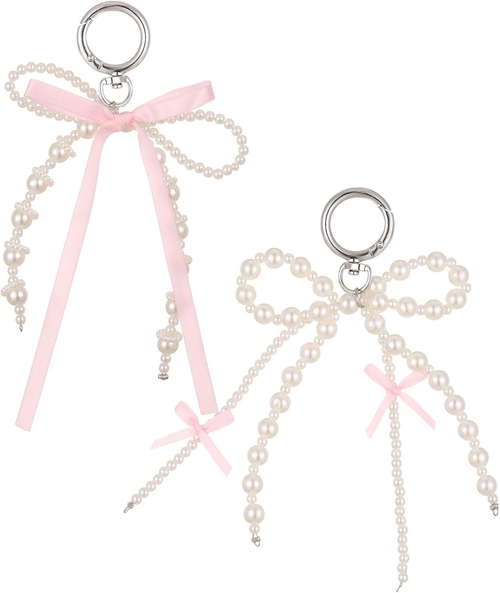 2 stuks parel boog sleutelhanger, schattige strik kralen sleutelhanger bedels esthetische roze tas bedels portemonnee auto sleutelhanger voor vrouwen