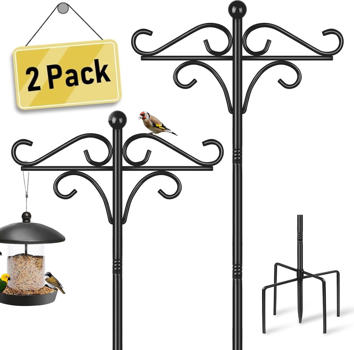 Hangstation voor vogelvoeders, 195 cm vrijstaande voederpalen en hangers, zware metalen standaard met zwarte haak herderskrommel, licht lantaarn voor buitentuin