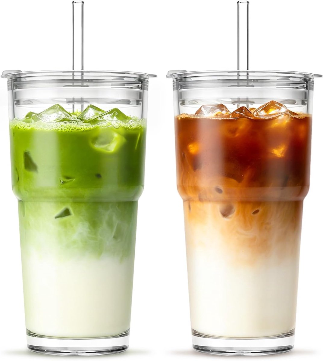 590 ml doorzichtige glazen beker met deksels en rietjes, 2 stuks ijskoffiekop, drinkglazen met rietje voor smoothie, latte, ijskoffie, matcha en meer - elegant en duurzaam