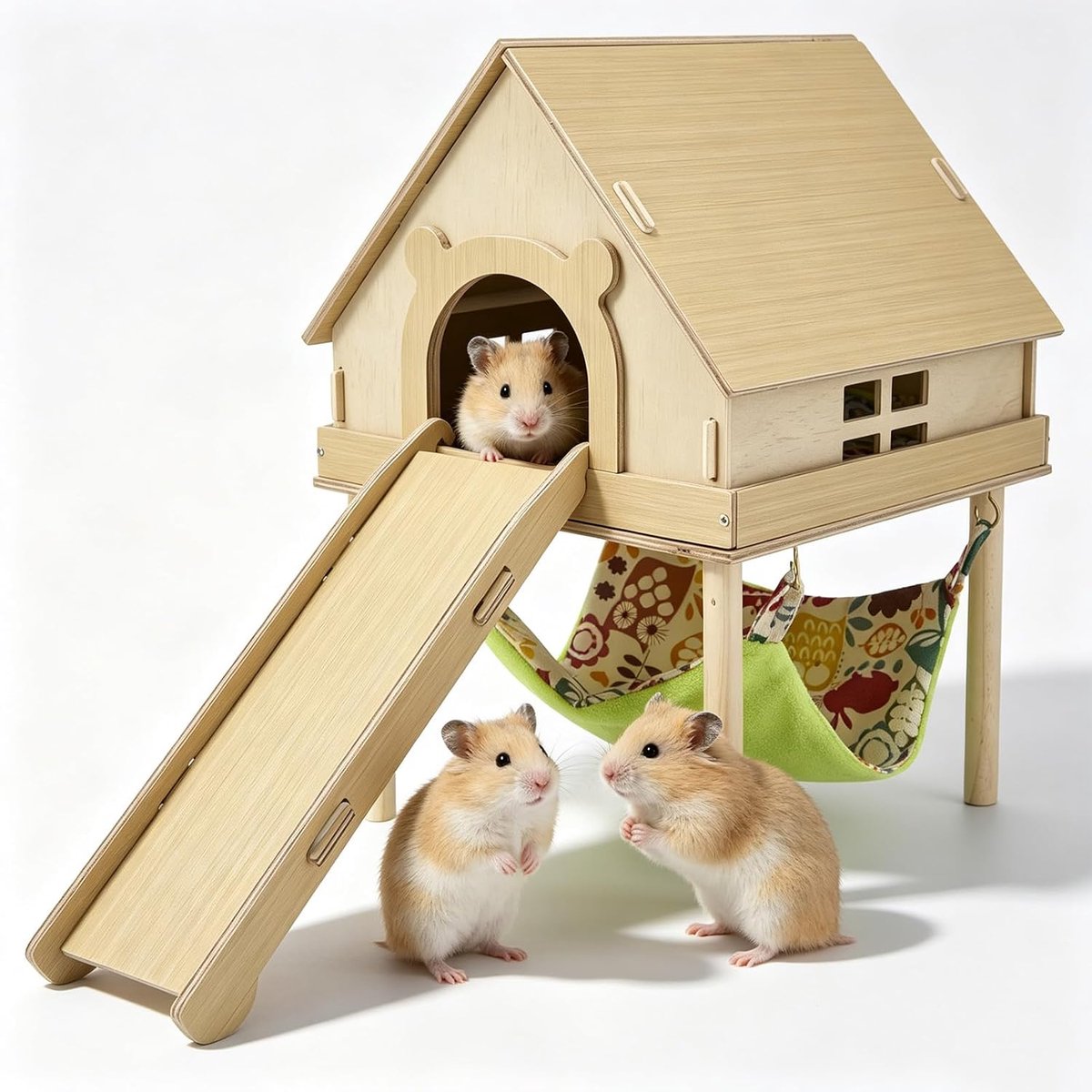 caviakasteel met meerdere verdiepingen, groot huis met 2 verdiepingen, hangmat en afneembaar kussen, groot cavia-huis voor hamsters en gerbilten