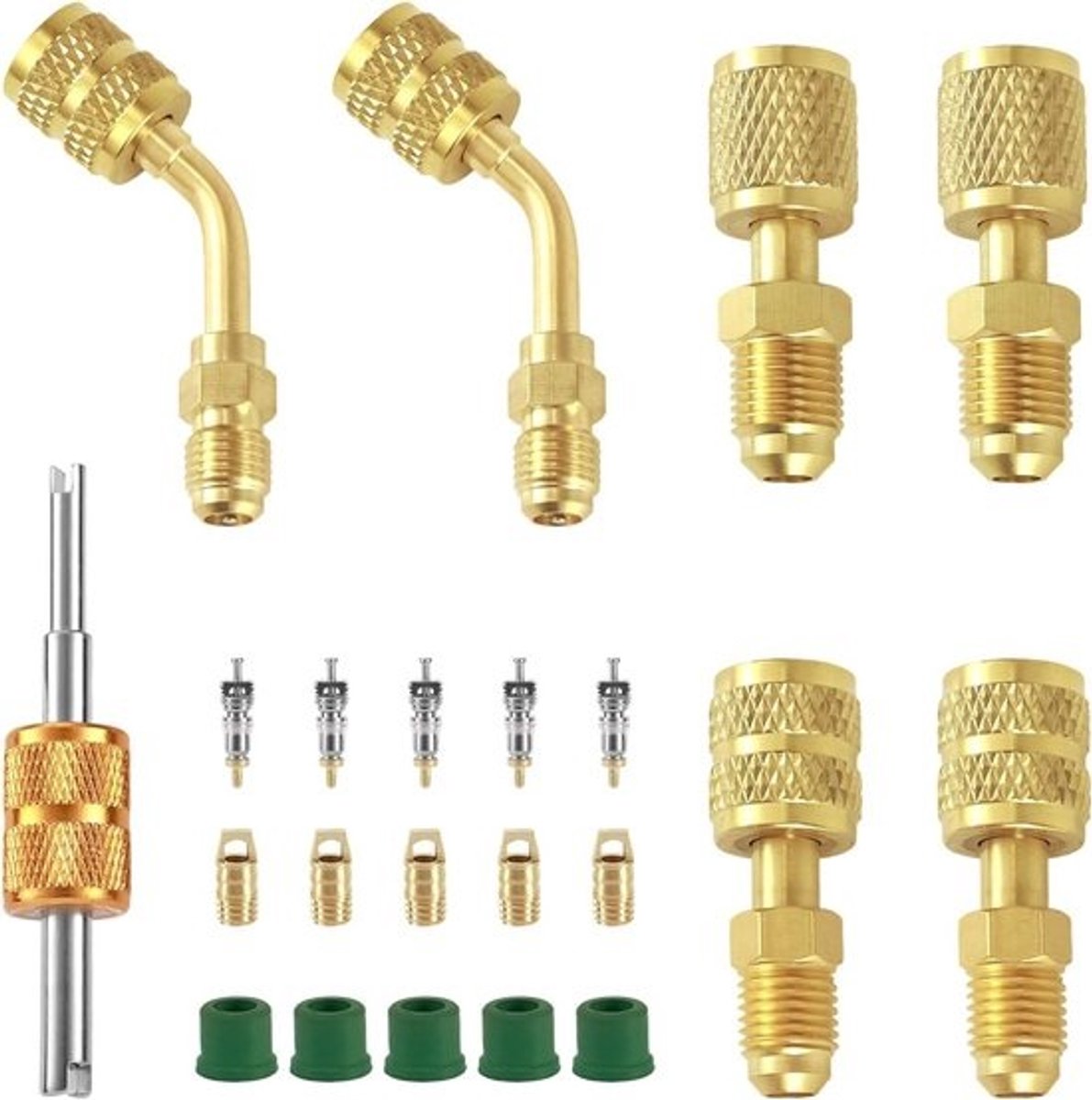 Koelmiddel Adapter Set - Airco Gereedschap - Koelsysteem Onderhoud - Lekvrije Verbinding - 22 Delig - Groen Goud