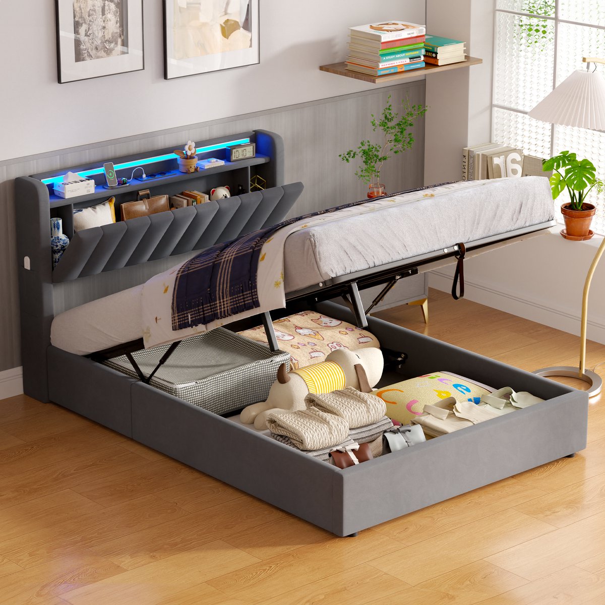 WUVRIE Gestoffeerd bedframe 140x190 cm met opbergruimte, USB-poort en ledverlichting, donkergrijs