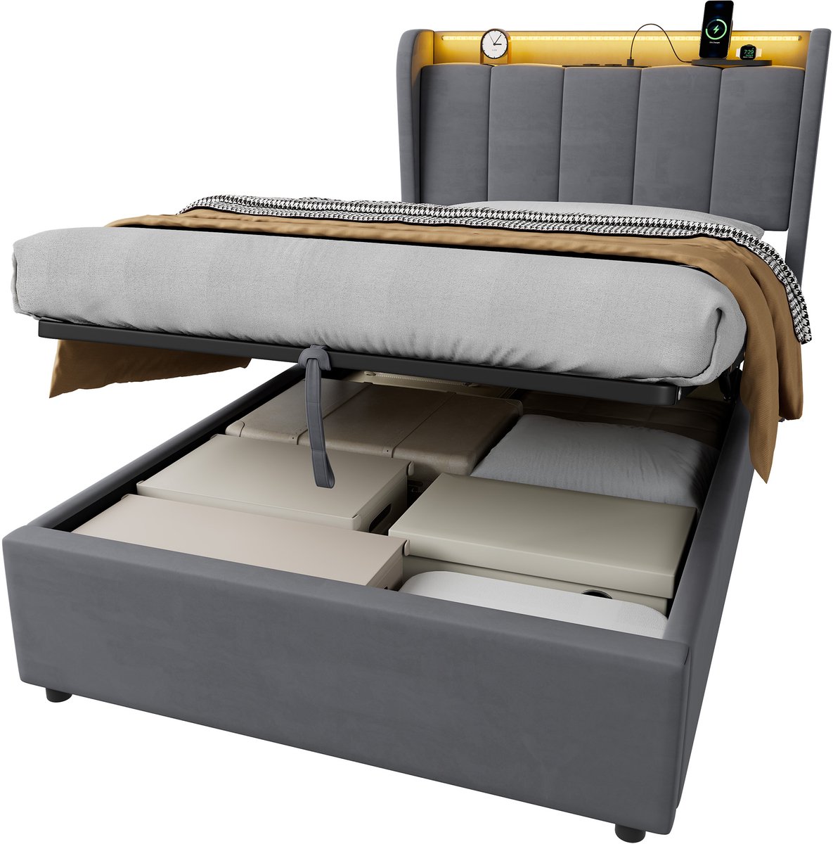 WUVRIE Opbergbed 90x200 cm met hydraulische bedbodem, hoofdbord, LED-verlichting en laadstation, donkergrijs