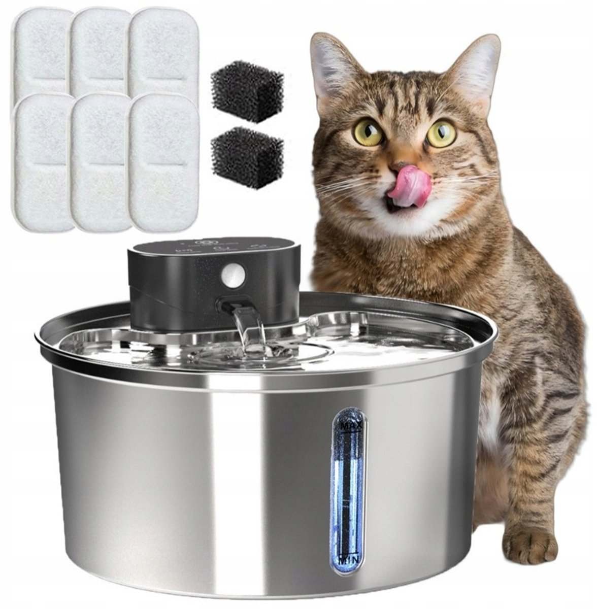 Drinkfontein Kat - Automatische Drinkbak - Draadloze Waterfontein Huisdieren - 3,2L Waterdispenser - Sensor & Timer - RVS - 5000 mAh - Meerlaagse Filtratie - Voor Katten en Kleine Honden - Zilver