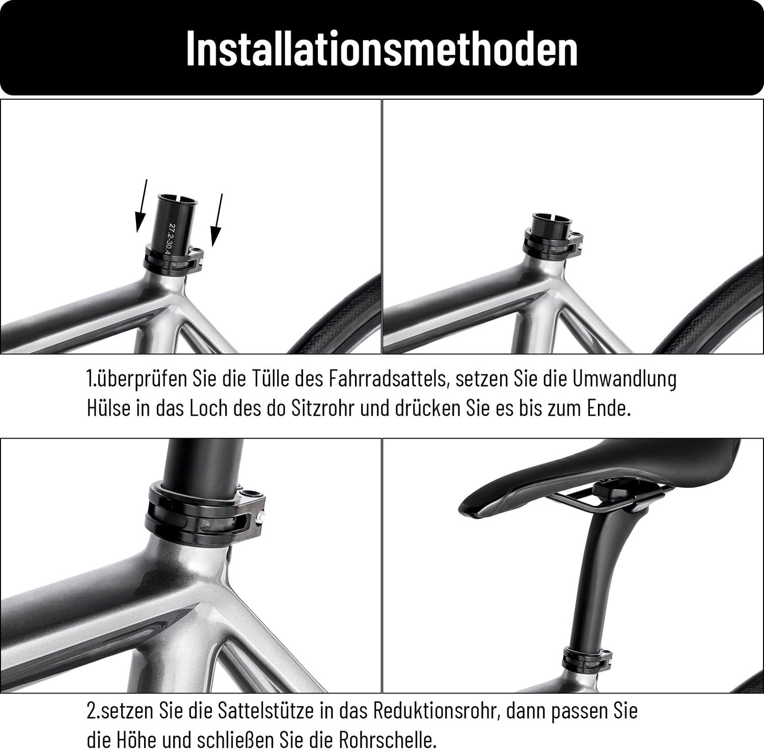 SnelShoppen - Pack van 2 Zwarte Fietszadel Stuurpijpen, Aluminium Legering, Verkleinring met Houders 27.2-30mm en 27.2-31.6mm, Fiets Zadelpost Ring, Z