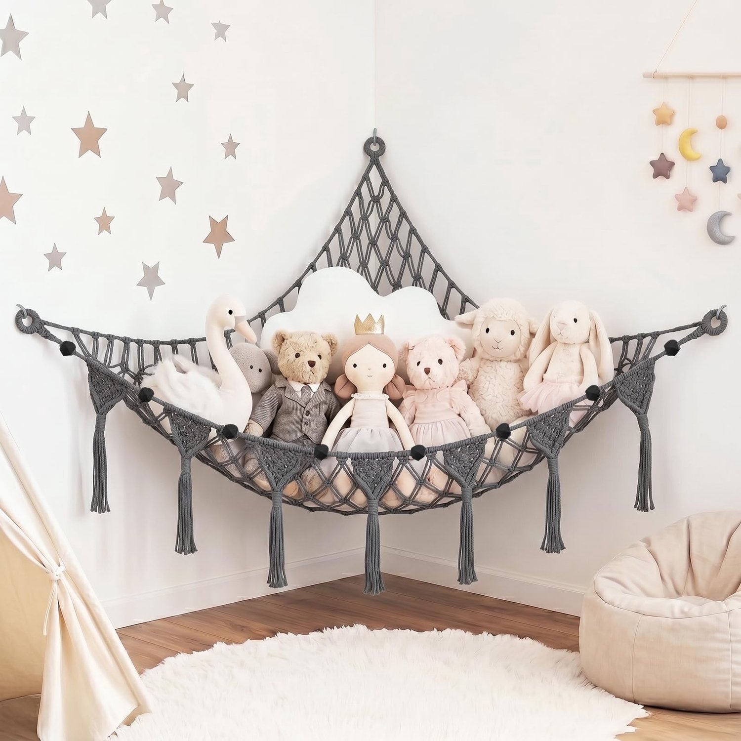 Speelgoedhangmat knuffeldieren - macramé boho hoekorganizer - met kwastje - ideaal voor kinderkamer - Luxento