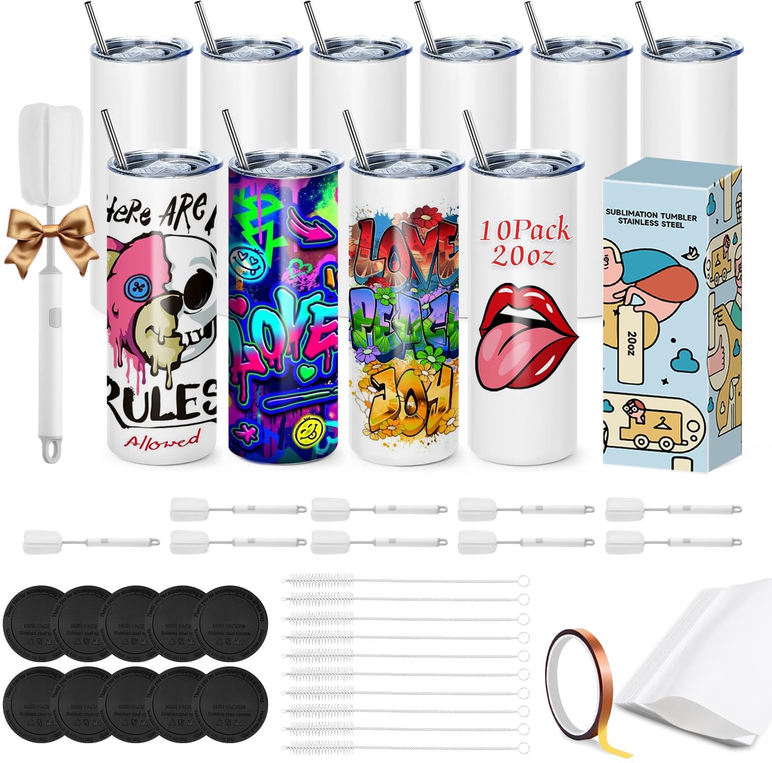 20OZ sublimation cup,Cafultgo Set of 10 Sublimation Blanks Skinny Tumbler 20 OZ White Straight Bulk Stainless Steel Tumbler, with Lid and Straw, Shrin
