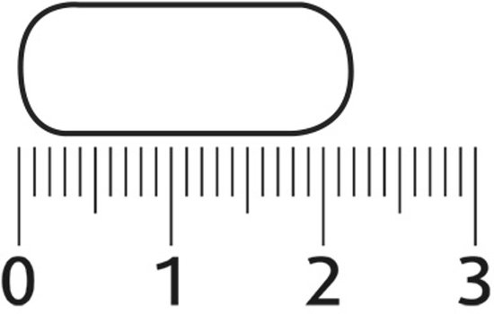 Een witte, langwerpige tablet met afgeronde hoeken, afgebeeld naast een liniaal van 0 tot 3 cm.
