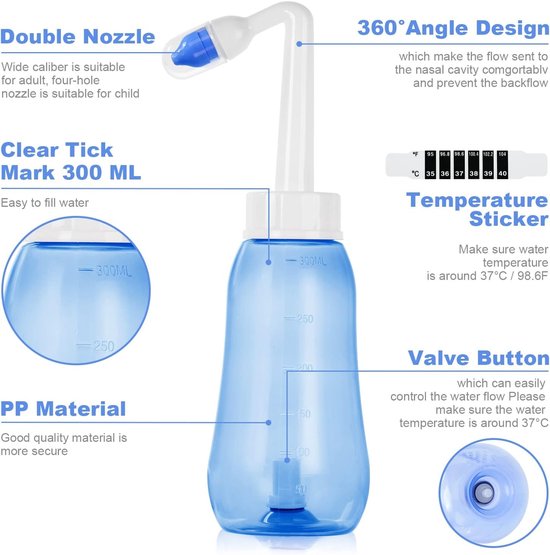 Nasal Wash Set met 300 ml Neusspoeling, 20 Nasale Zoutpakketten en 10 Thermometer Stickers voor Volwassenen en Kinderen, BPA-vrij en Effectieve Neusreiniging — afbeelding 2