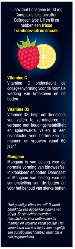 Lucovitaal Collageen Complex 5000 mg sticks. Frisse framboos-citrus smaak. Vitamine C en D3 voor kraakbeen en botten.