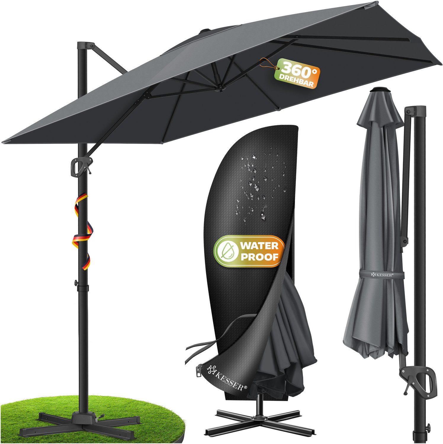 KESSER® Zweefparasol met voet 300cm x 300cm - Parasol 360° Draaibaar Incl. Beschermhoes UV50+ Tuinparasol - Antraciet