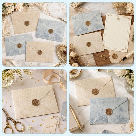 35 stuks briefpapier met envelop, 15 schrijfpapier met 10 enveloppen A5, 10 waszegels, zelfklevend, voor liefdesbrieven, huwelijksuitnodigingen, bedankkaarten, wenskaarten — afbeelding 3