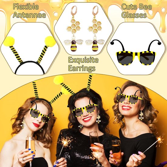7 stuks bijenkostuum voor volwassenen, voor dames, Hummel, fancy Dress, set met tule rok, hoofdband, gestreepte kousen, handschoenen, gezicht, tattoobril, oorbellen voor carnaval, verkleedpartijen, — afbeelding 4