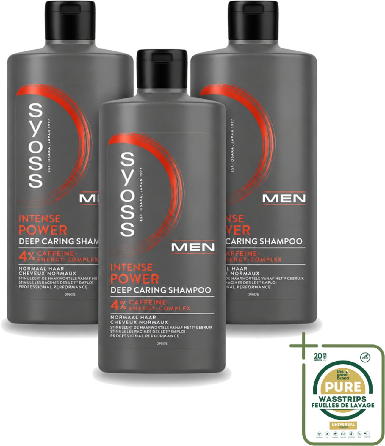3 x SYOSS - Men Power - Shampoo - Langdurige Styling - 440ml - Wasstrips - Mannelijk Haarverzorging - Krachtig Haar - Haar Stimulatie - Cafeïne Shampoo - Haargroei