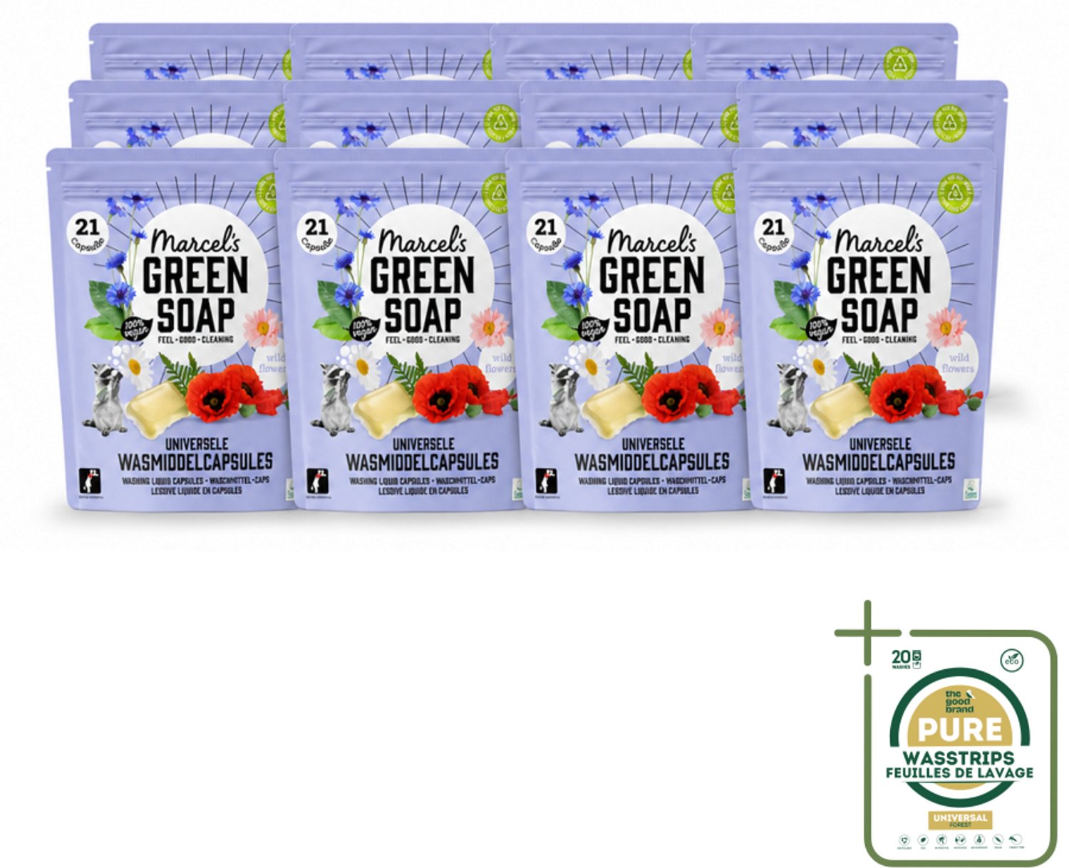 12 x Marcel's Green Soap - Wascapsules - Wilde Bloemen - Gemak in één dosis - 21 Capsules - Wasstrips - Wasmiddel - Wascapsules - Wilde Bloemen - Natuurlijke Geur - Vegan Wasmiddel
