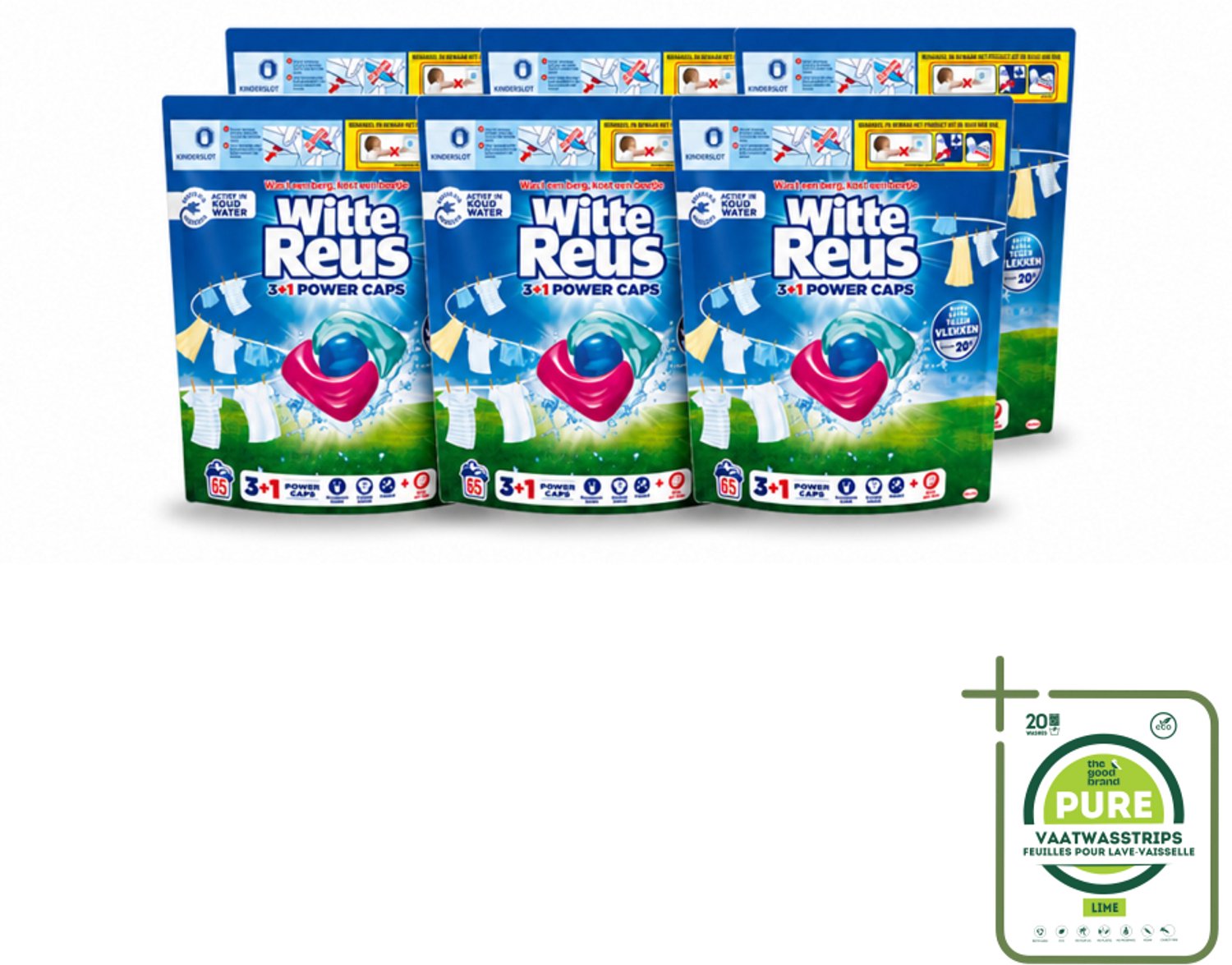 6 x Witte Reus - 3+1 Power Caps - Witte Was - 65 Wasbeurten - Grootverpakking - Vaatwasstrips - Witte Reus Power Caps - Wascapsules - Reiniging - Frisheid - Vlekverwijdering