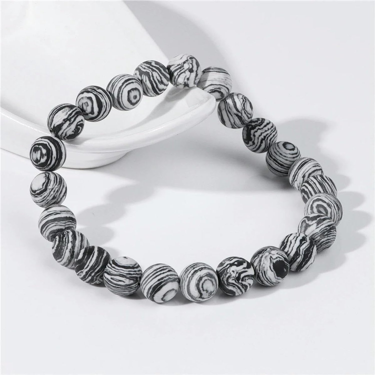 8MM Witte Steen Armband Zwart Lava Grijs Agaat Stretch Armbanden Voor Vrouwen Mannen Elastische Armbanden Yoga, 19cm, Steen Emaille Glas, Zirkonia Agaat obsidiaan