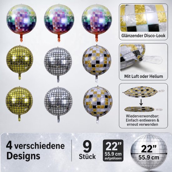 9 stuks discobalballonnen van 55,9 cm, 4D-spiegeldecoratie voor retro feest — afbeelding 3