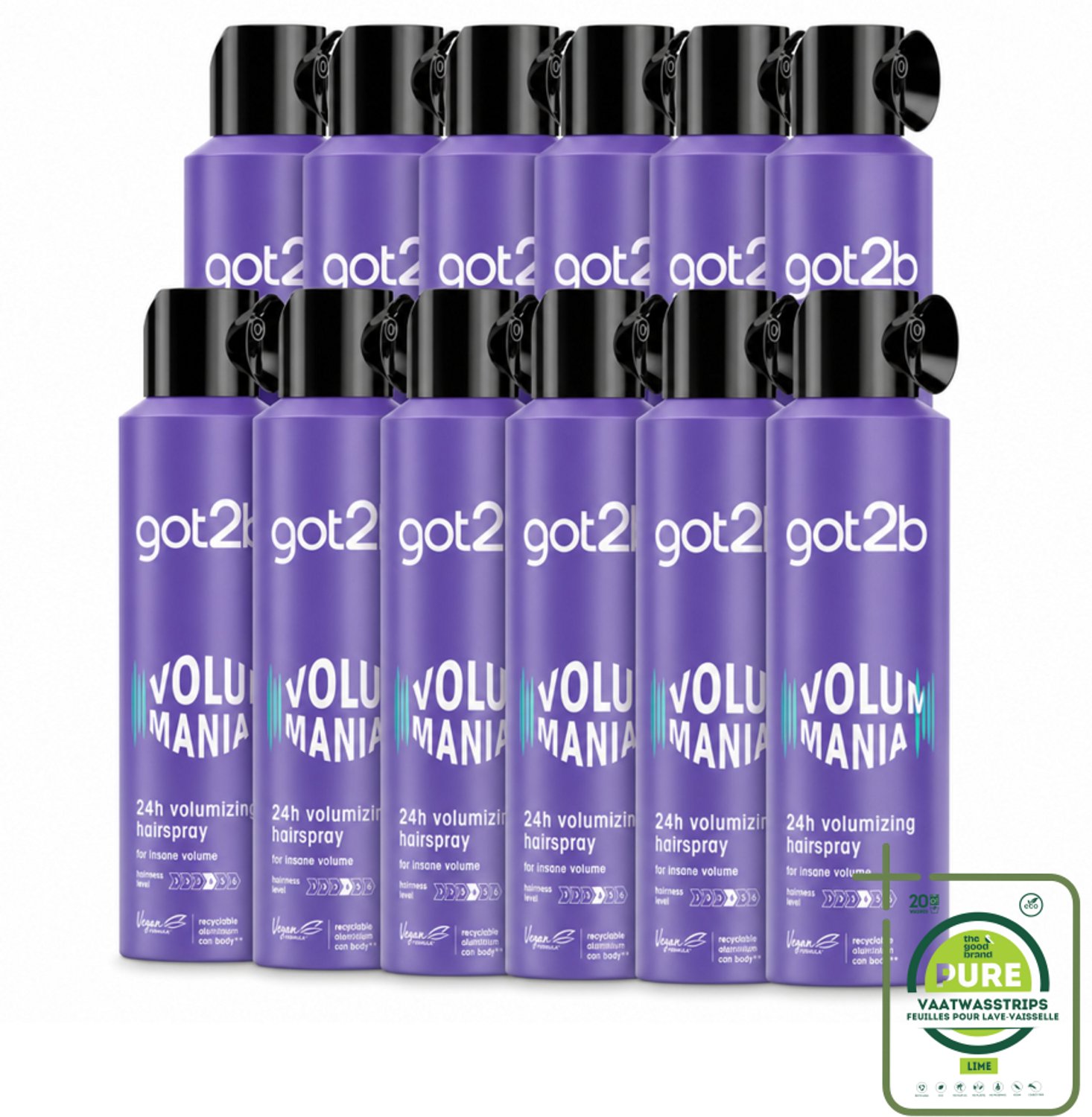 12 x Got2B - Haarspray - Volumania - 300 ml - Grootverpakking - Vaatwasstrips - Haarspray - Volume - Body - Hold - Vegan