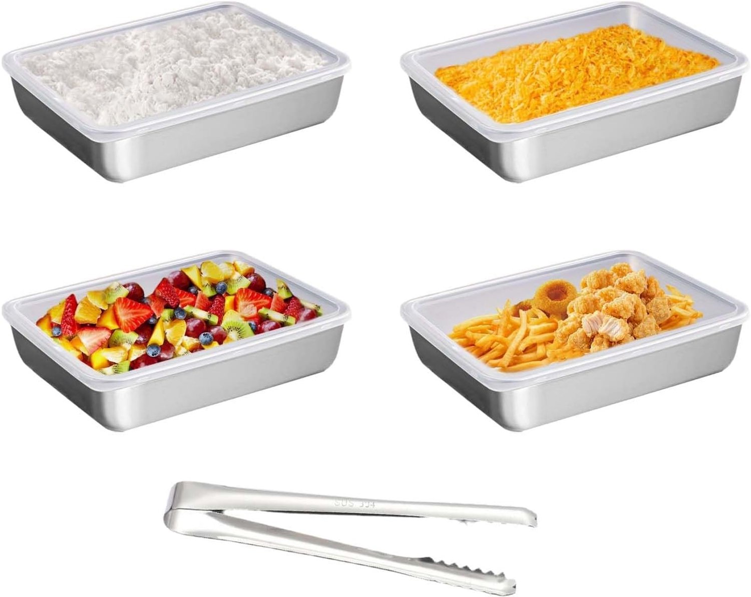 Set van 4 bakplaten met deksel, 25 x 20 x 2 cm, roestvrijstalen bakplaten voor vlees, vis en groenten, inclusief voedselclip en ideaal voor oven en grill.