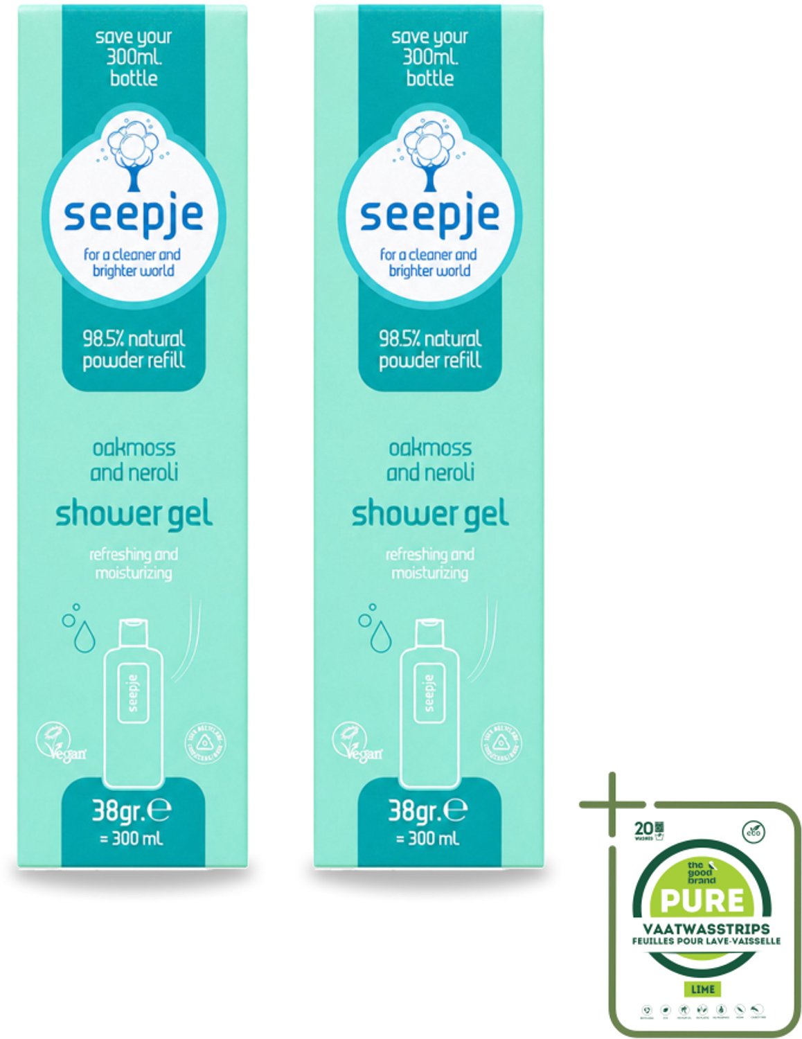 2 x Seepje - Douchegel - Duurzaam & Handig - Eikenmos en Neroli - Navulling - 38 gr - Grootverpakking - Vaatwasstrips - Douchegel Navulling - Eikenmos - Neroli - Natuurlijke Douchegel - Duurzame Douchegel