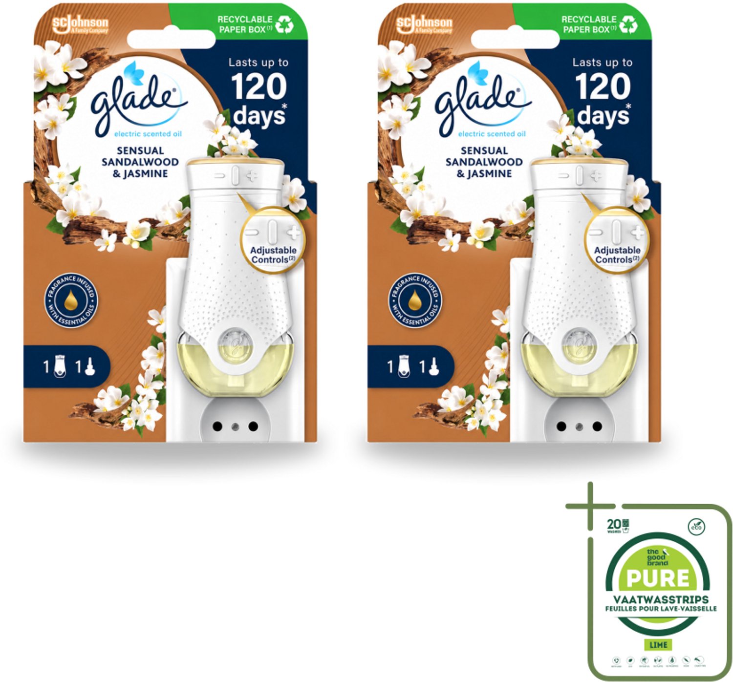2 x Glade - Houder Elektrische Olie - Sensual Sandelhout Jasmijn - Grootverpakking - Vaatwasstrips - Geurhouders - Geur - Geurhouders Elektrisch - Geurhouders Voor Huis - Geurhouders Sensueel