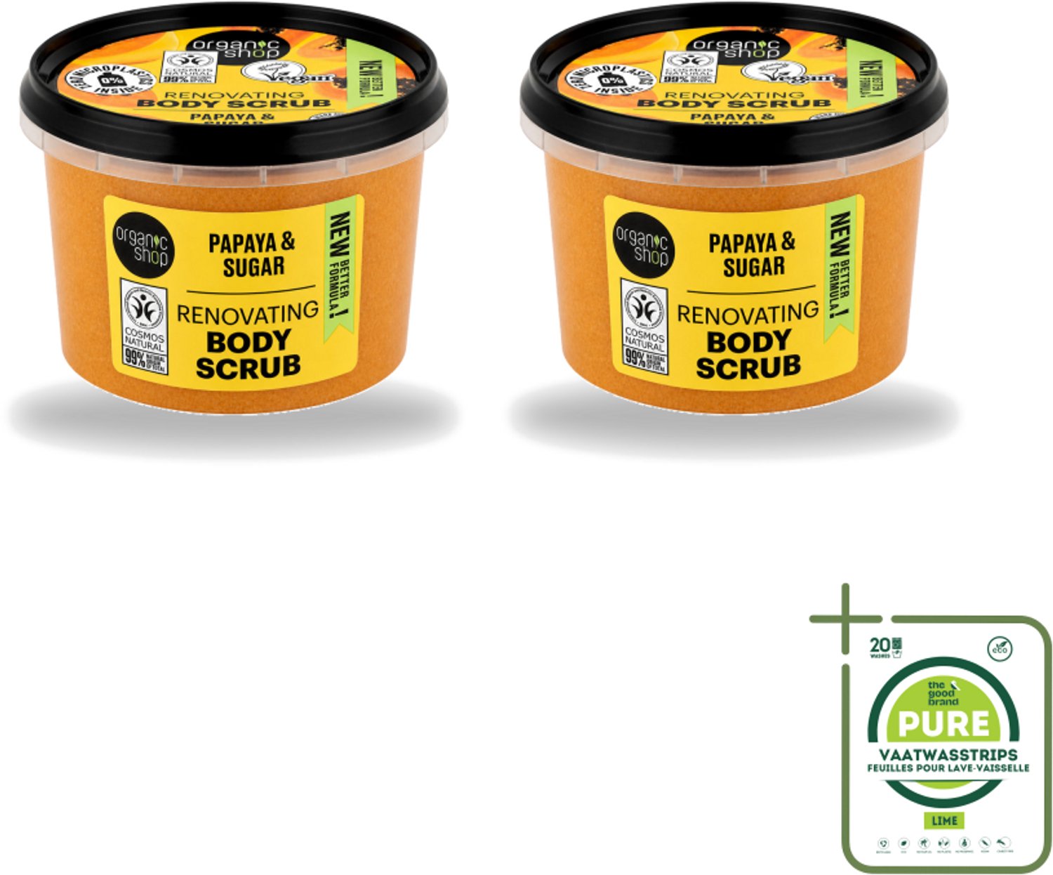 2 x Organic Shop - Body Scrub Papaya - Exfoliërend en Hydraterend - 250 ml - Grootverpakking - Vaatwasstrips - Bodyscrub Papaya - Exfoliatie Huid - Natuurlijke Huidverzorging - Huidhydratatie - Papaya Enzymen