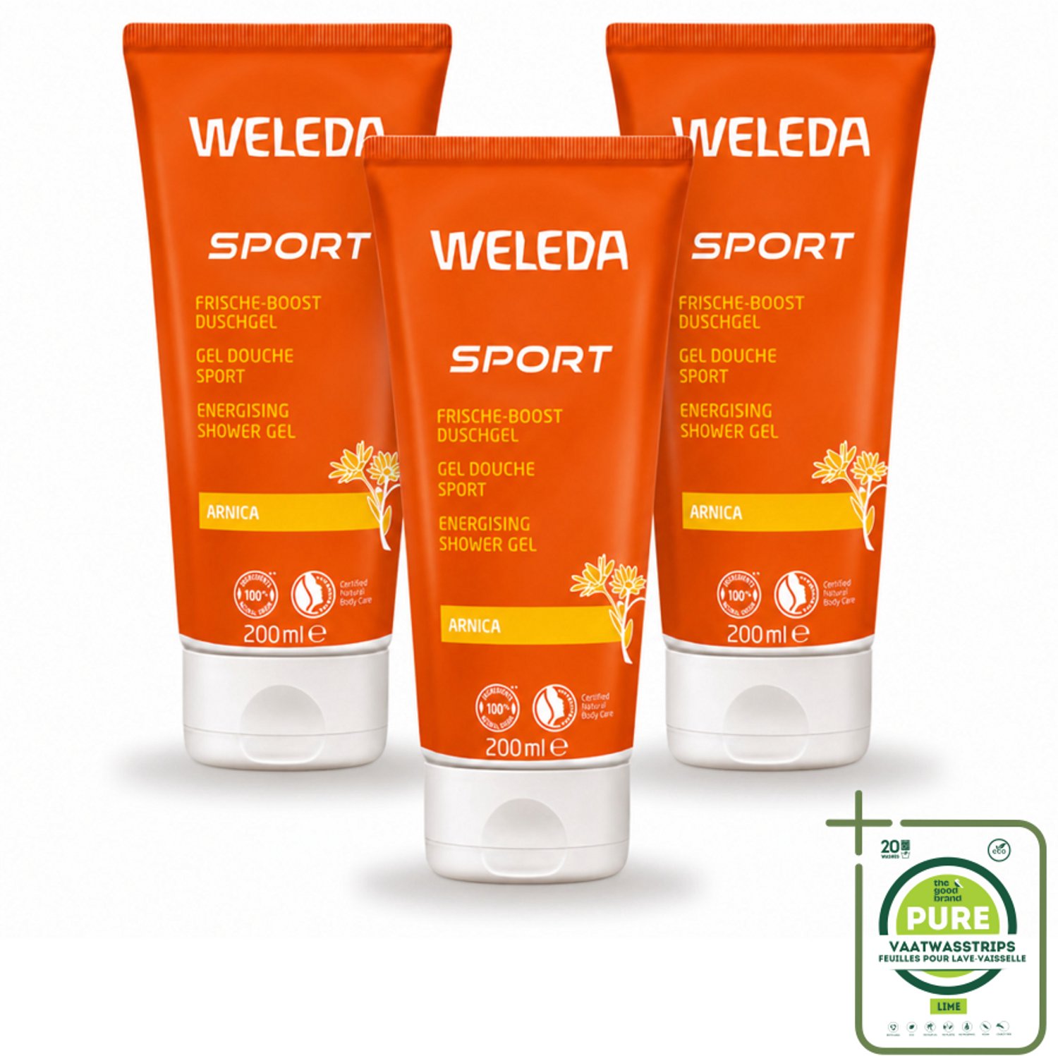 3 x WELEDA - Douchegel Sport - Arnica - 200 ml - Grootverpakking - Vaatwasstrips - Sportdouchegel - Herstel - Arnica - Natuurlijke Douchegel - Spierherstel