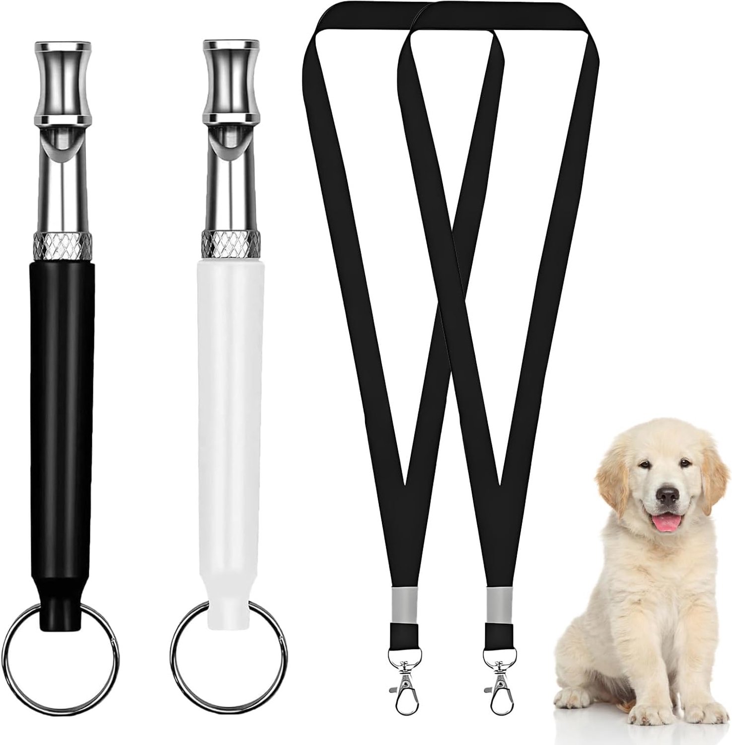 Set van 2 Hondenfluitjes, Trainingsfluitjes met Lanyard voor Terugroepen en Blaffen Stoppen voor de Meeste Rassen (Zwart, Wit)