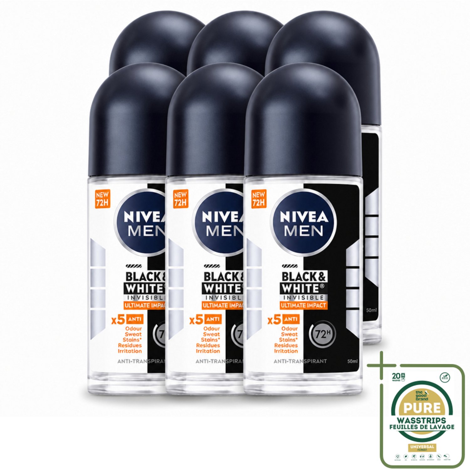 6 x NIVEA MEN - Deodorant Roller - Black & White Ultimate Impact - 50 ml - Deodorant Roller - Anti-vlekken - Zweetbehandeling - Frisheid - Kledingbescherming