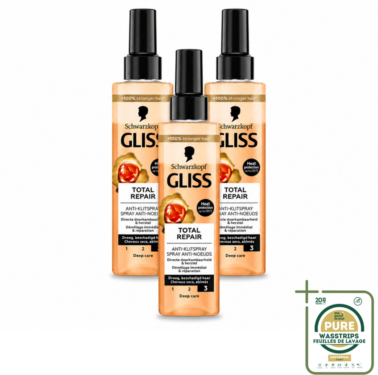 3 x Gliss - Total Repair Anti-Klit Spray - Voor Beschadigd en Droog Haar - 200 ml - Wasstrips - Haarspray - Haarherstel - Klitten - Hittebescherming - Droog Haar