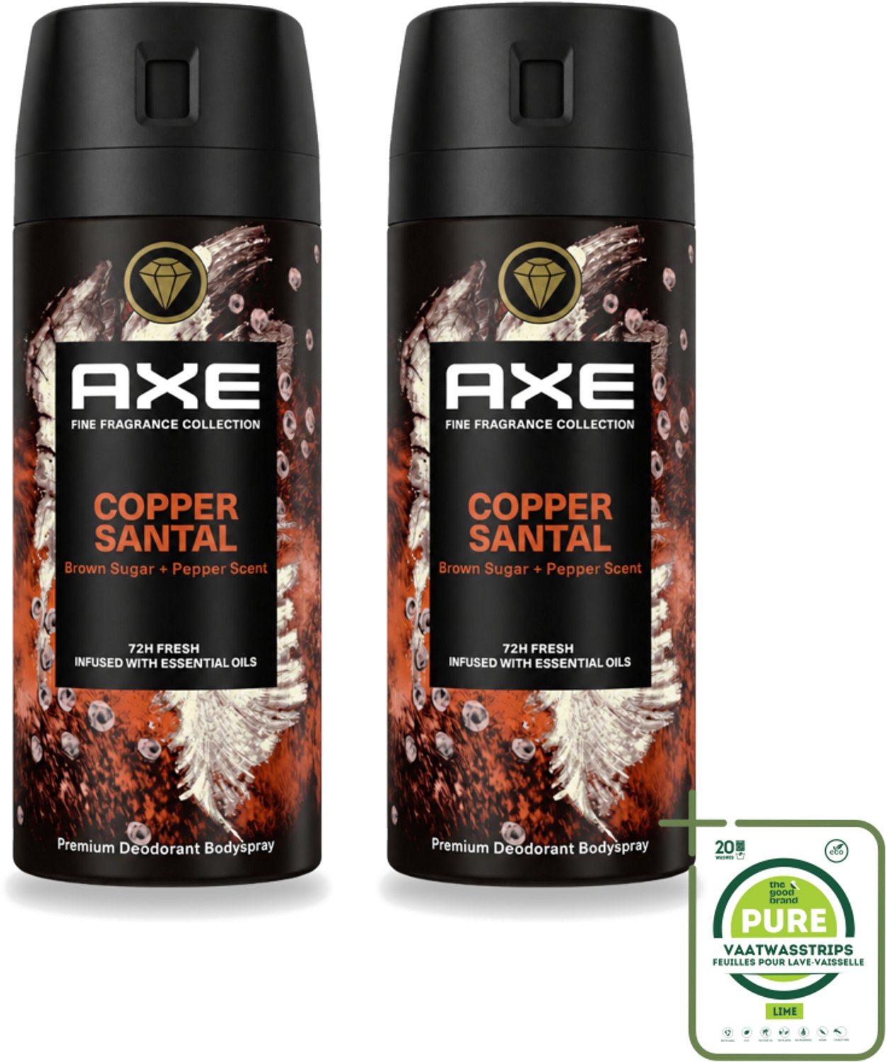 2 x AXE - Deodorant Spray - Copper Santal - Premium Geur - Warme Houtnoten - 150 m - Grootverpakking - Deodorant Spray - Geur - Sandelhout - Bruine Suiker - Zwarte Peper