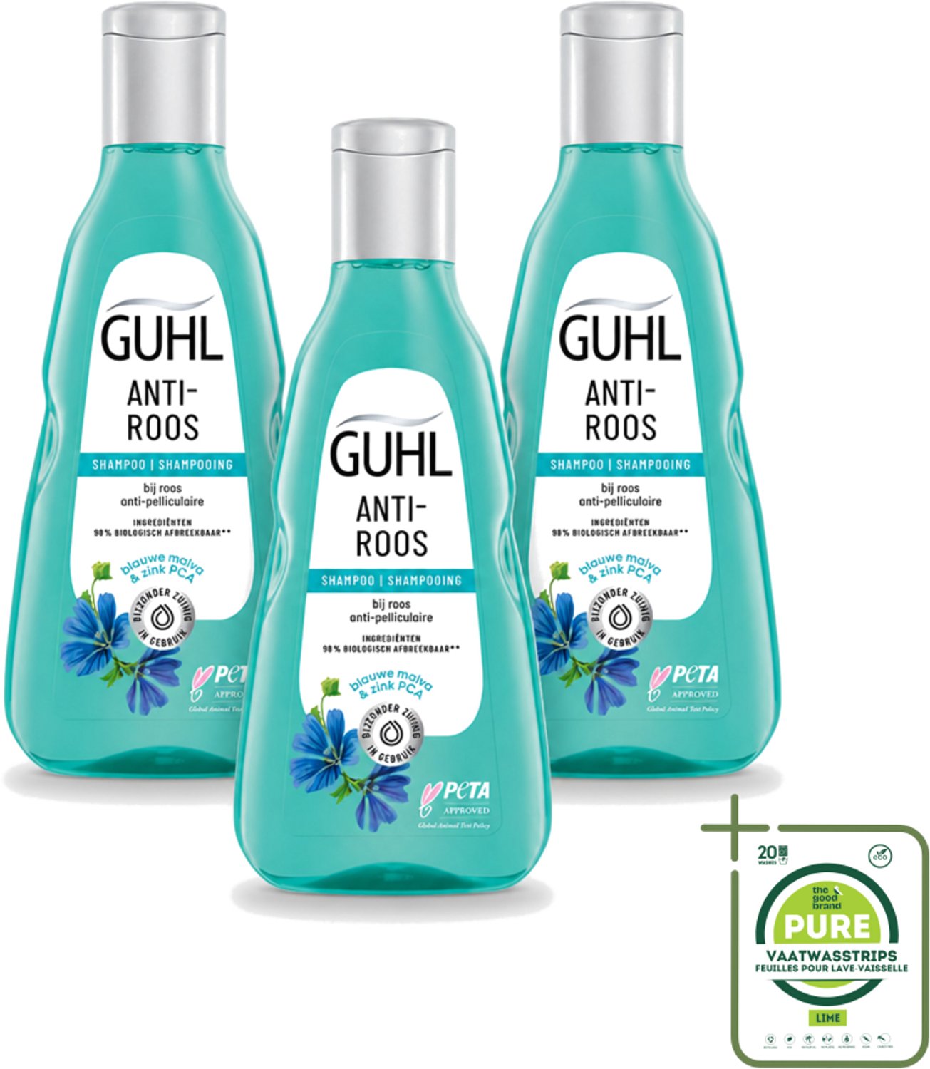 3 x Guhl - Shampoo - Anti-Roos - 250 ml - Grootverpakking - Vaatwasstrips - Anti-roos Shampoo - Roosvrije Hoofdhuid - Hoofdhuid Verzorging - Roos Bestrijden - Zink Shampoo