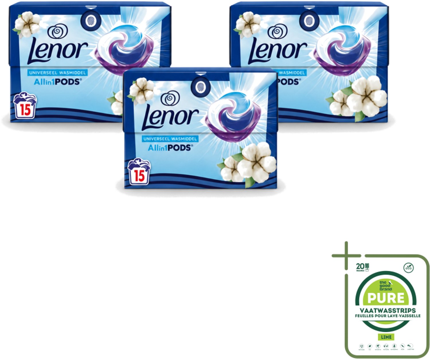 3 x Lenor - Wasmiddel Pods - Universeel - Katoen Fris - 15 Wasbeurten - Grootverpakking - Vaatwasstrips - Wasverzachter - Katoen Fris - Waspod - Frisheid - Reiniging
