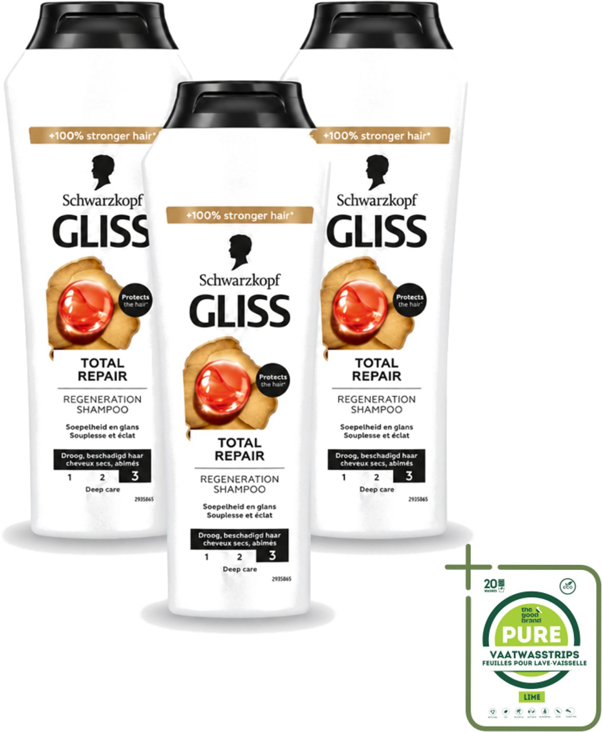 3 x Gliss - Shampoo - Total Repair - Voor Intensief Haarherstel - 250 ml - Grootverpakking - Vaatwasstrips - Haarkracht - Haarherstel - Keratine - Haarverzorging - Haarbreuk