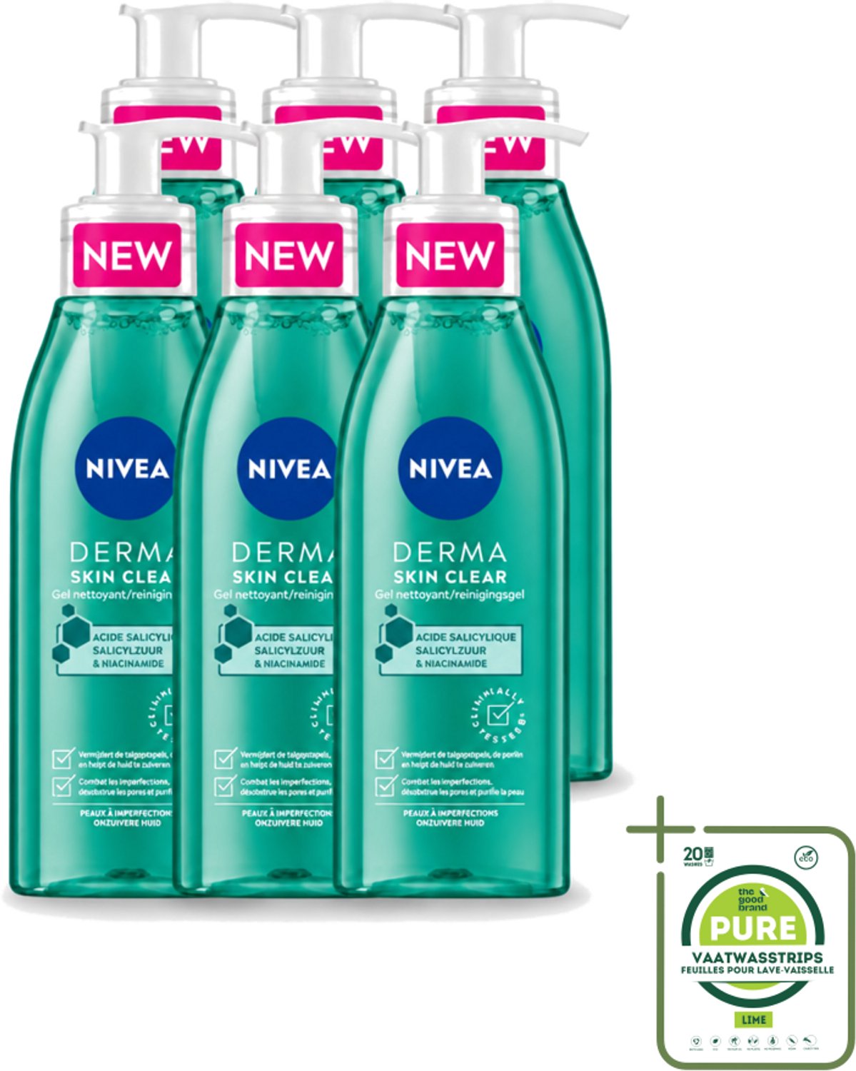6 x NIVEA - Reinigingsgel - DERMA Huidzuiver - Voor onzuivere huid - Met Salicylzuur (AHA) & Niacinamide - Tegen Acne & Mee-eters - 150 ml - Grootverpakking - Vaatwasstrips - Gezichtsreiniger - Acne Huid - Puistjes - Mee-eters - Onzuivere Huid