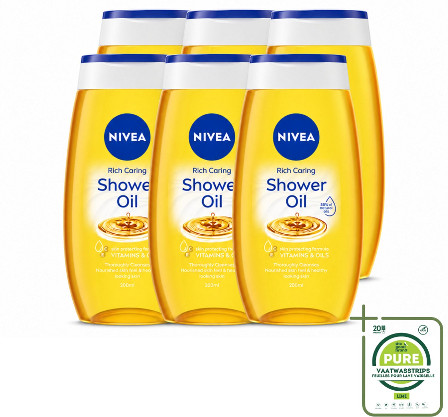 6 x NIVEA - Doucheolie - Natuurlijke Doucheolie - 200 ml - Grootverpakking - Vaatwasstrips - Doucheolie - Natuurlijke Oliën - Huid Verzorging - Zachte Huid - Hydraatatie