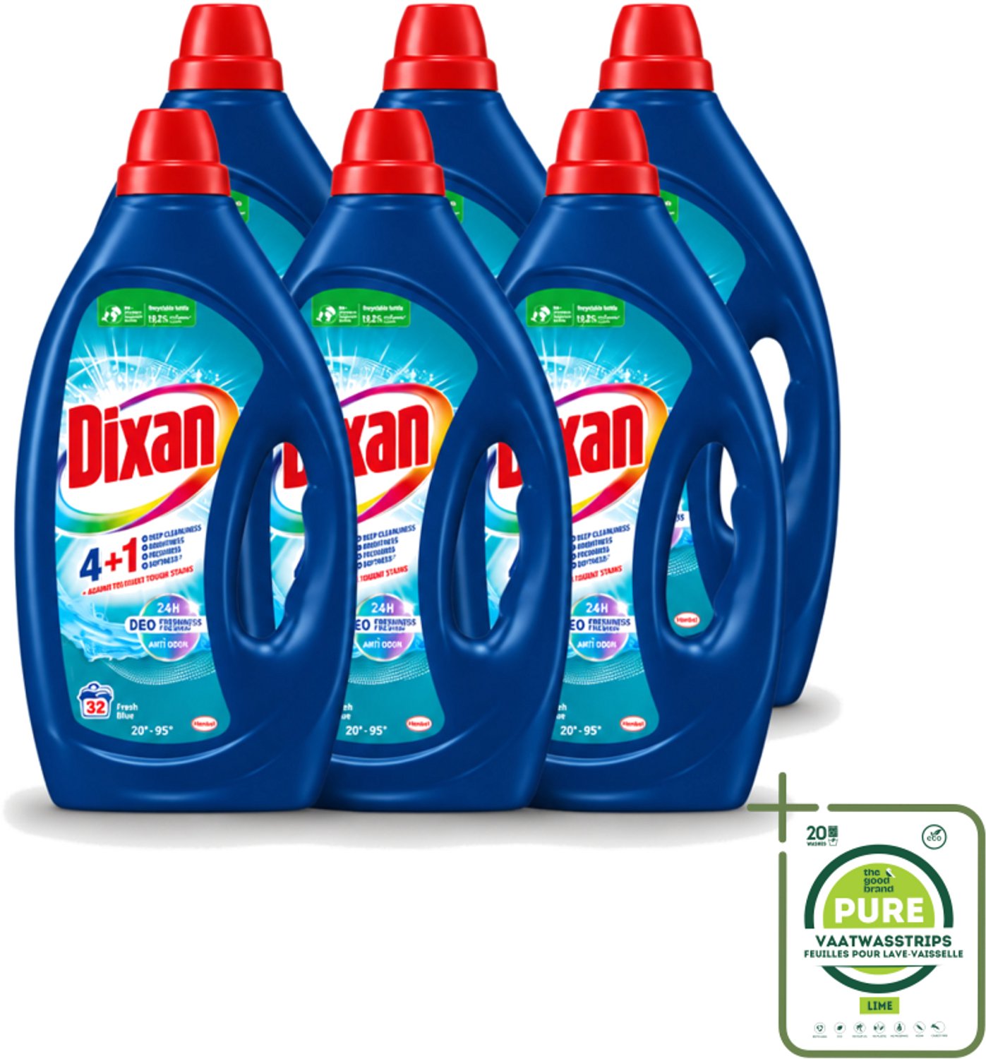 6 x Dixan - Vloeibaar wasmiddel - Fresh Blue - 32 wasbeurten - Grootverpakking - Vaatwasstrips - Vloeibaar Wasmiddel - Frisse Geur - Vlekverwijdering - Wasmiddel Voor Kleding - Anti-geur