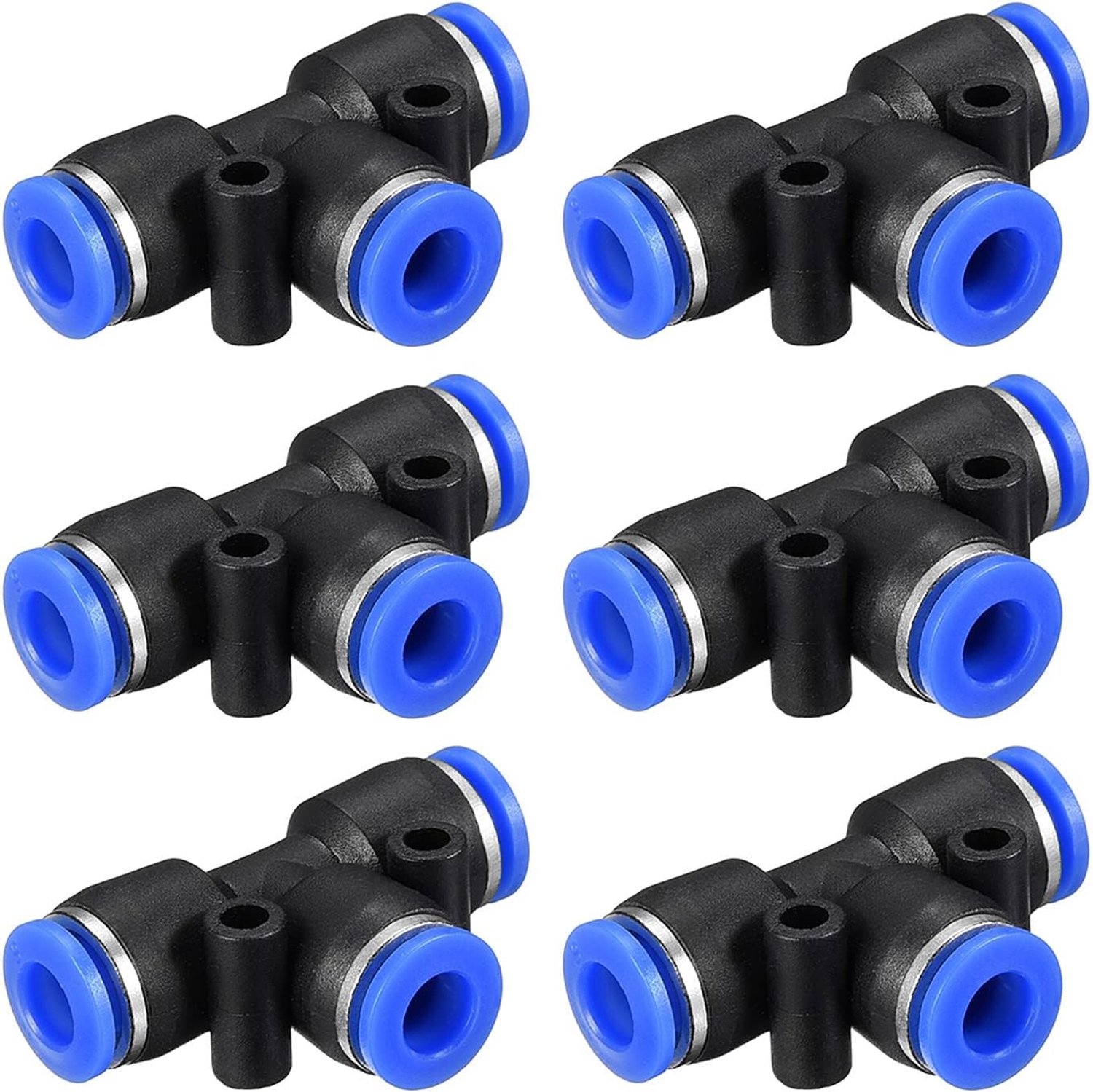6 Pack Tee T Shape Push to Connect Lucht- en Water Slangfittingen voor Buiten en Industrie (6mm, Zwart Blauw)
