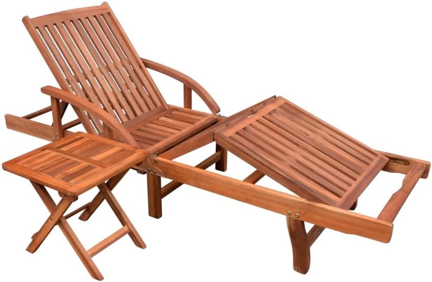 Tweedelige zonneligstoel, ligstoel en klaptafel van acaciahout, gemaakt met 2 wielen, voor tuin, terras, zwembad