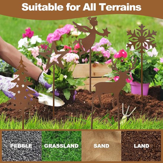 5 stuks tuinstekers voor Kerstmis, roestdecoratie, kerstdecoratie, kerstkaarsen, weerbestendig, leuke tuindecoratie van roestmetaal voor tuin, balkon, terras, bloempot — afbeelding 5