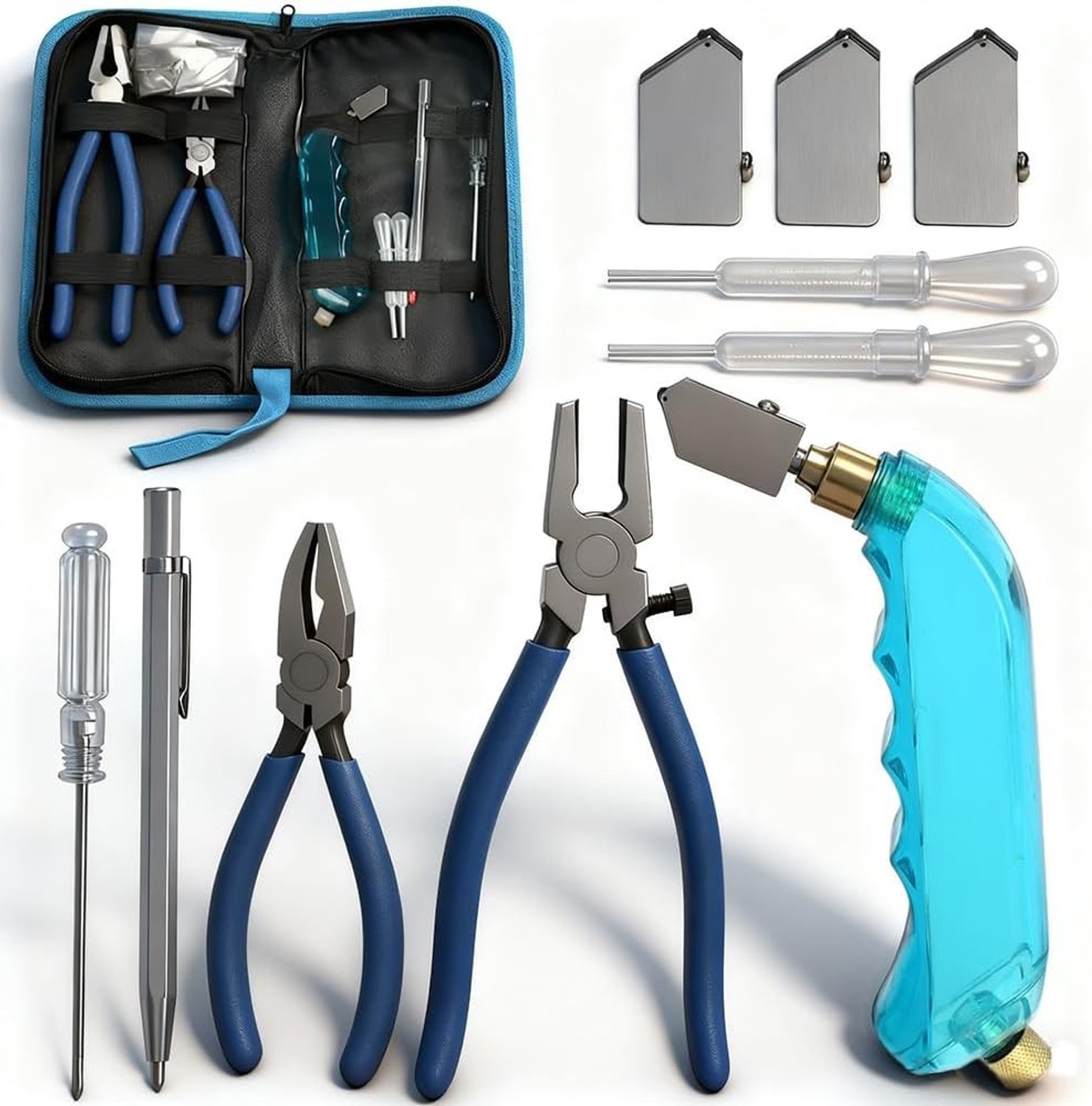 Complete gereedschapsset voor glas met combinatietools, ideaal voor glasbewerking en reparaties