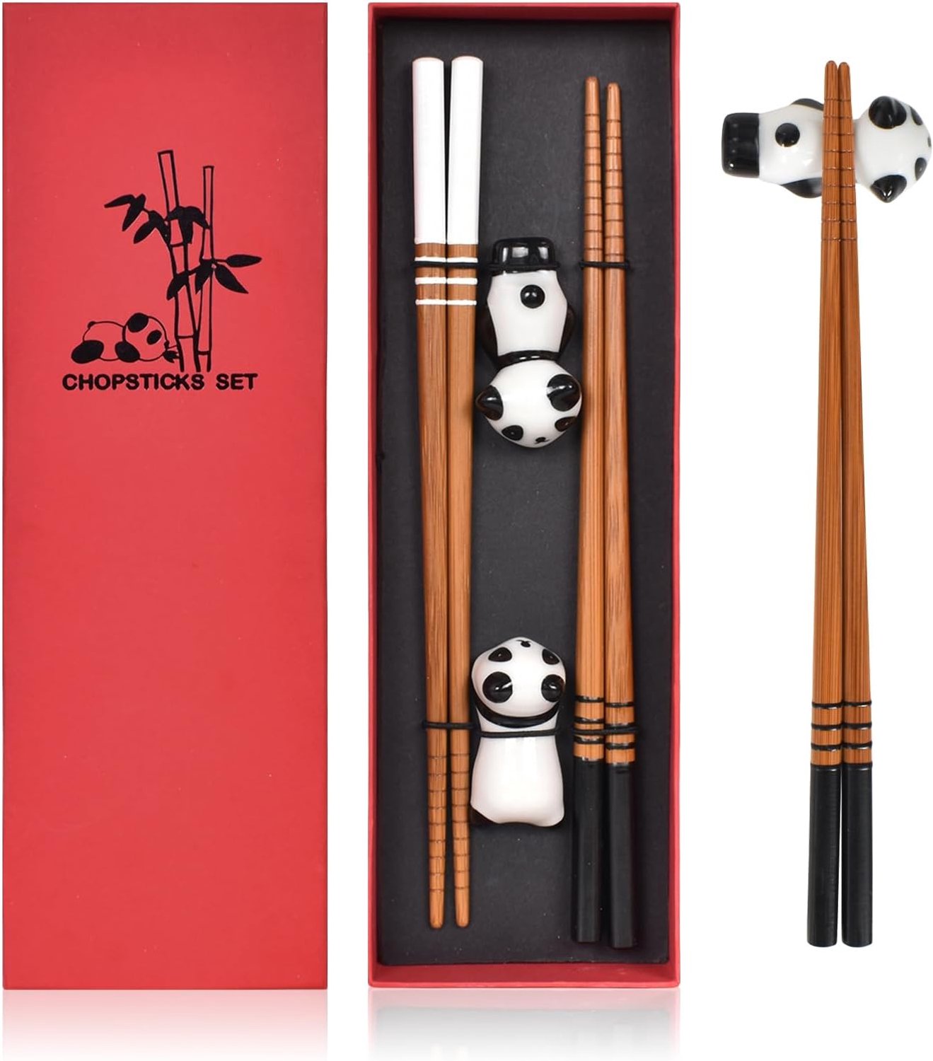2 paar houten eetstokjes set met houder en panda-rust - bamboe geschenkset met etui, vaatwasmachinebestendig, 22,5 cm