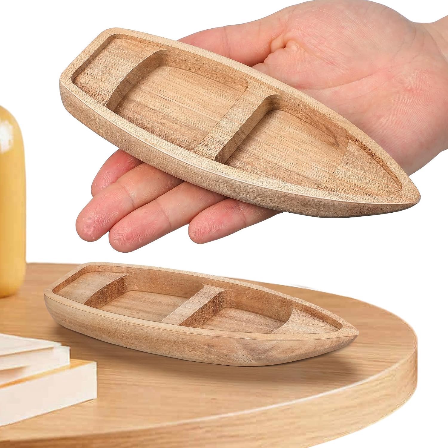 Houten schipmodel miniatuurkano - natuurlijk hout - maritieme decoratie - uniek tafelornament - ShopVlot
