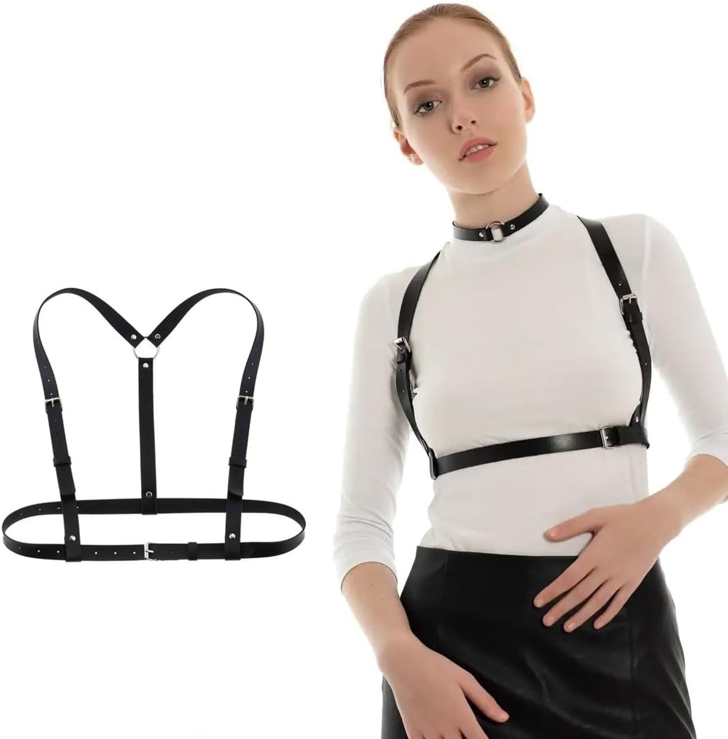 Punk Harness voor Vrouwen, Verstelbaar Leren Body Harness met Lichaamsketting, Gothic Sieraden voor Cosplay, Feest en Halloween Kostuum (Zwart)