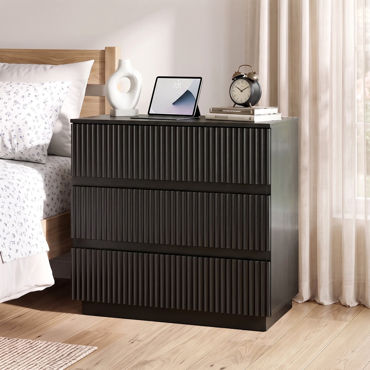 LEADZM Ladekast met 3 lades - Zwart - 60 x 33 x 56 cm - lamellendesign